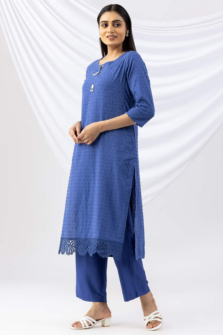 Blue Cotton Embroidered Kurti with 3/4th Sleeves