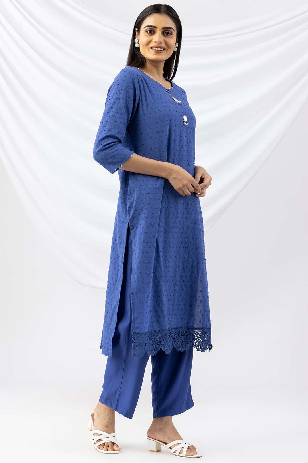 Blue Cotton Embroidered Kurti with 3/4th Sleeves