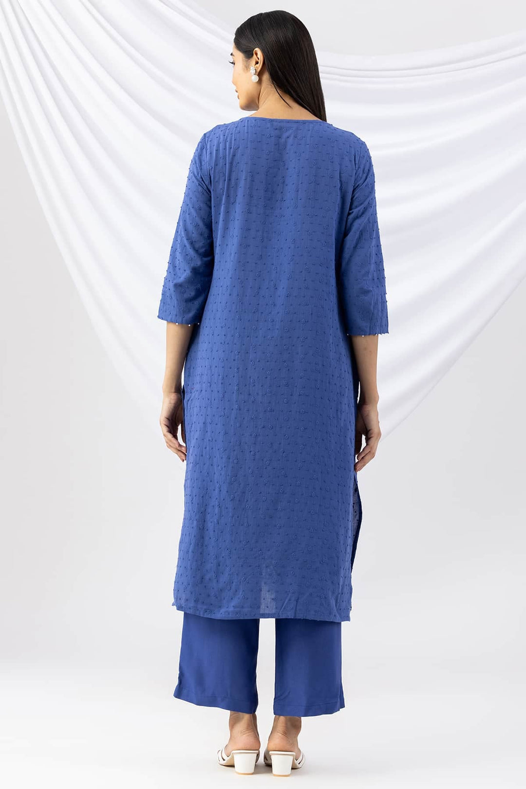 Blue Cotton Embroidered Kurti with 3/4th Sleeves