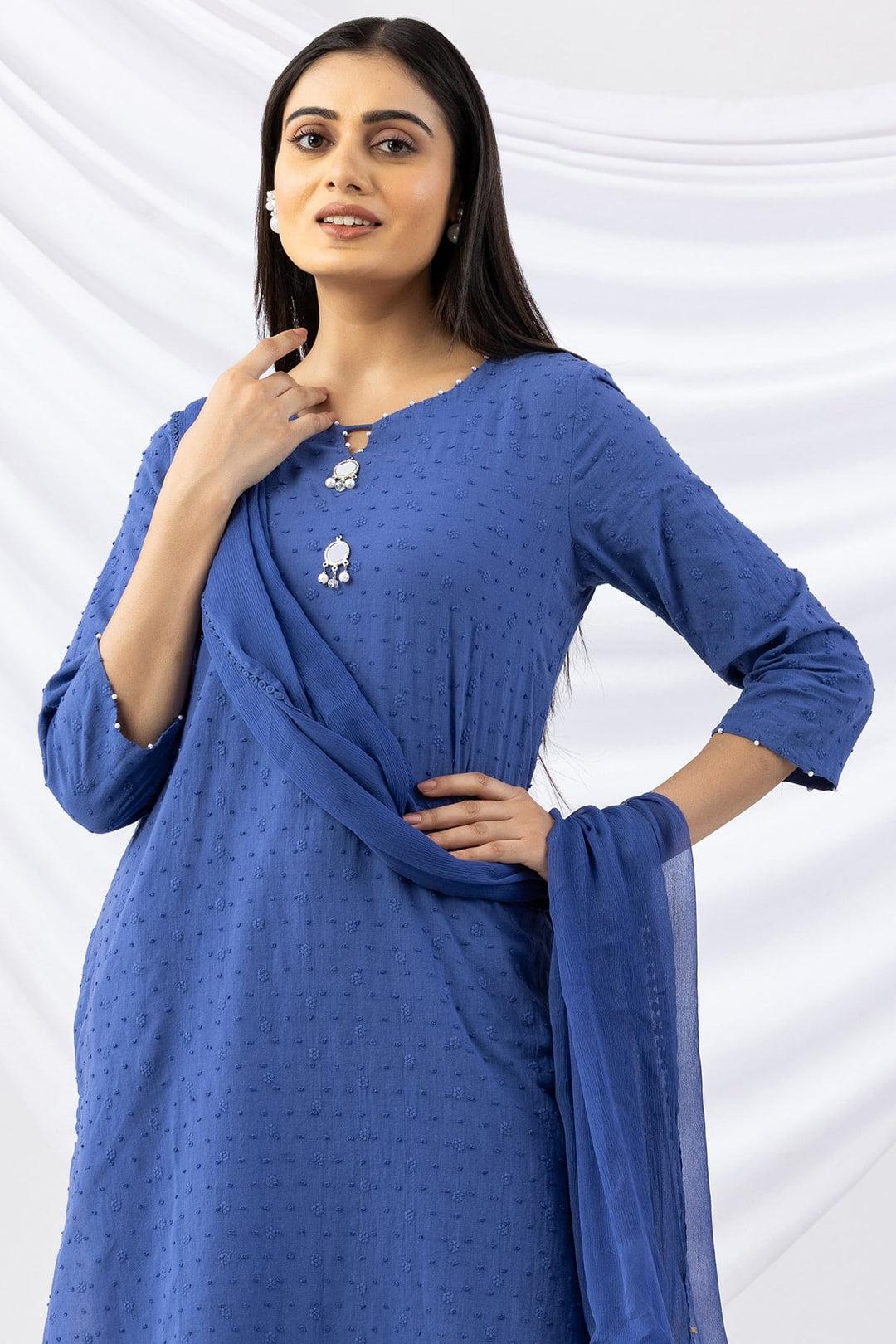 Blue Cotton Embroidered Kurti with 3/4th Sleeves
