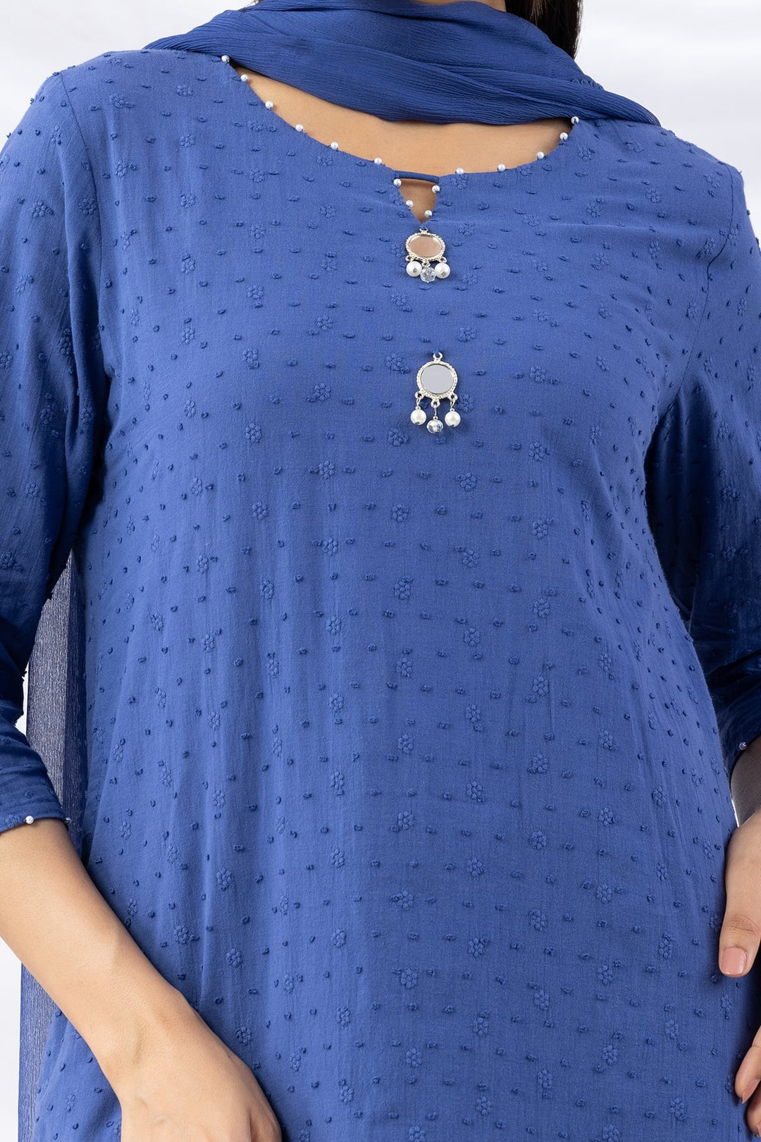 Blue Cotton Embroidered Kurti with 3/4th Sleeves