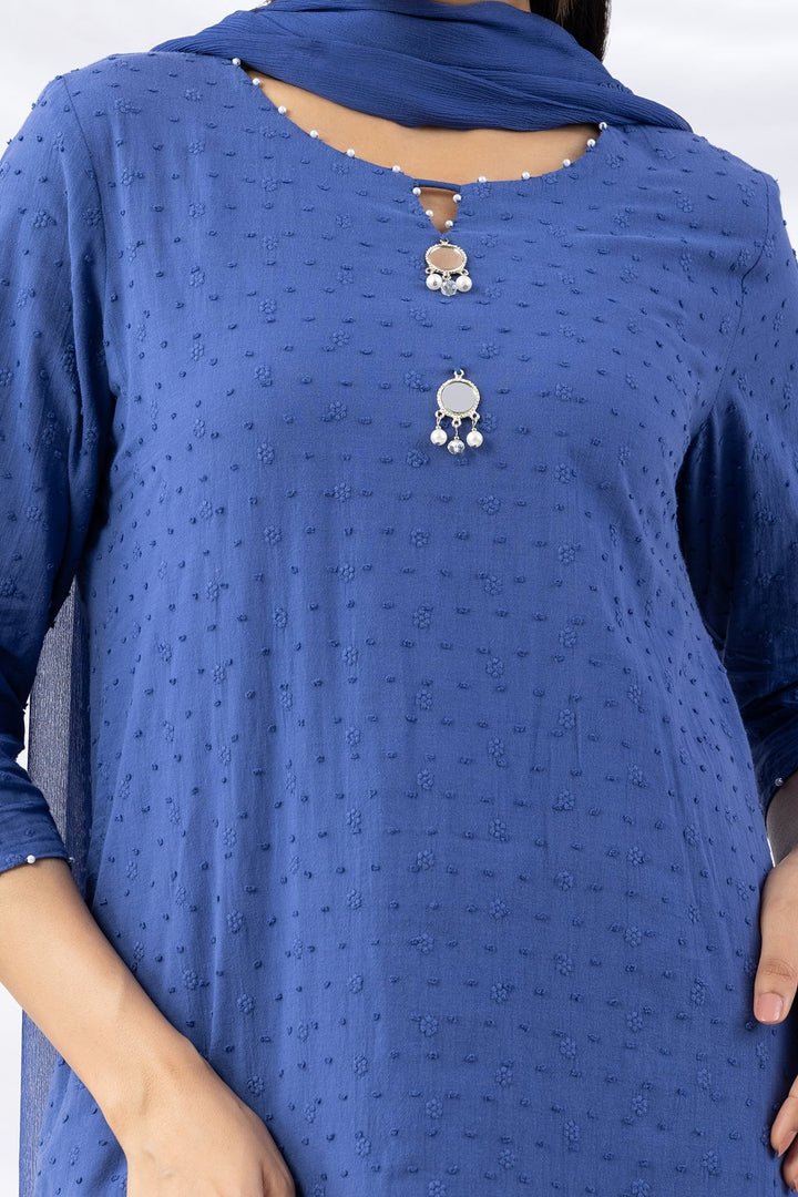 Blue Cotton Embroidered Kurti with 3/4th Sleeves