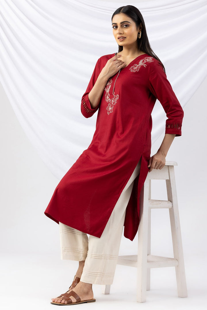 Red Embroidered Viscose Twill Kurti