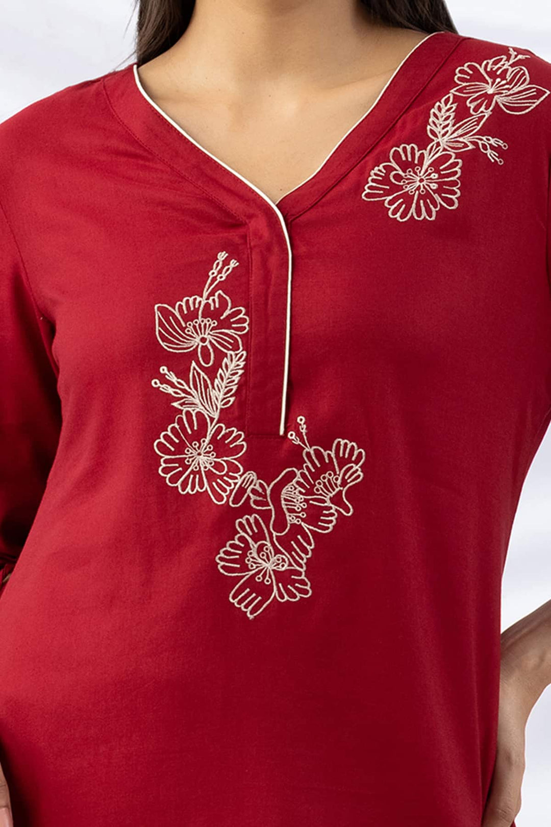 Red Embroidered Viscose Twill Kurti