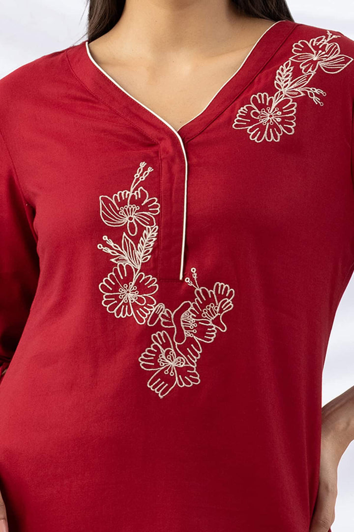 Red Embroidered Viscose Twill Kurti