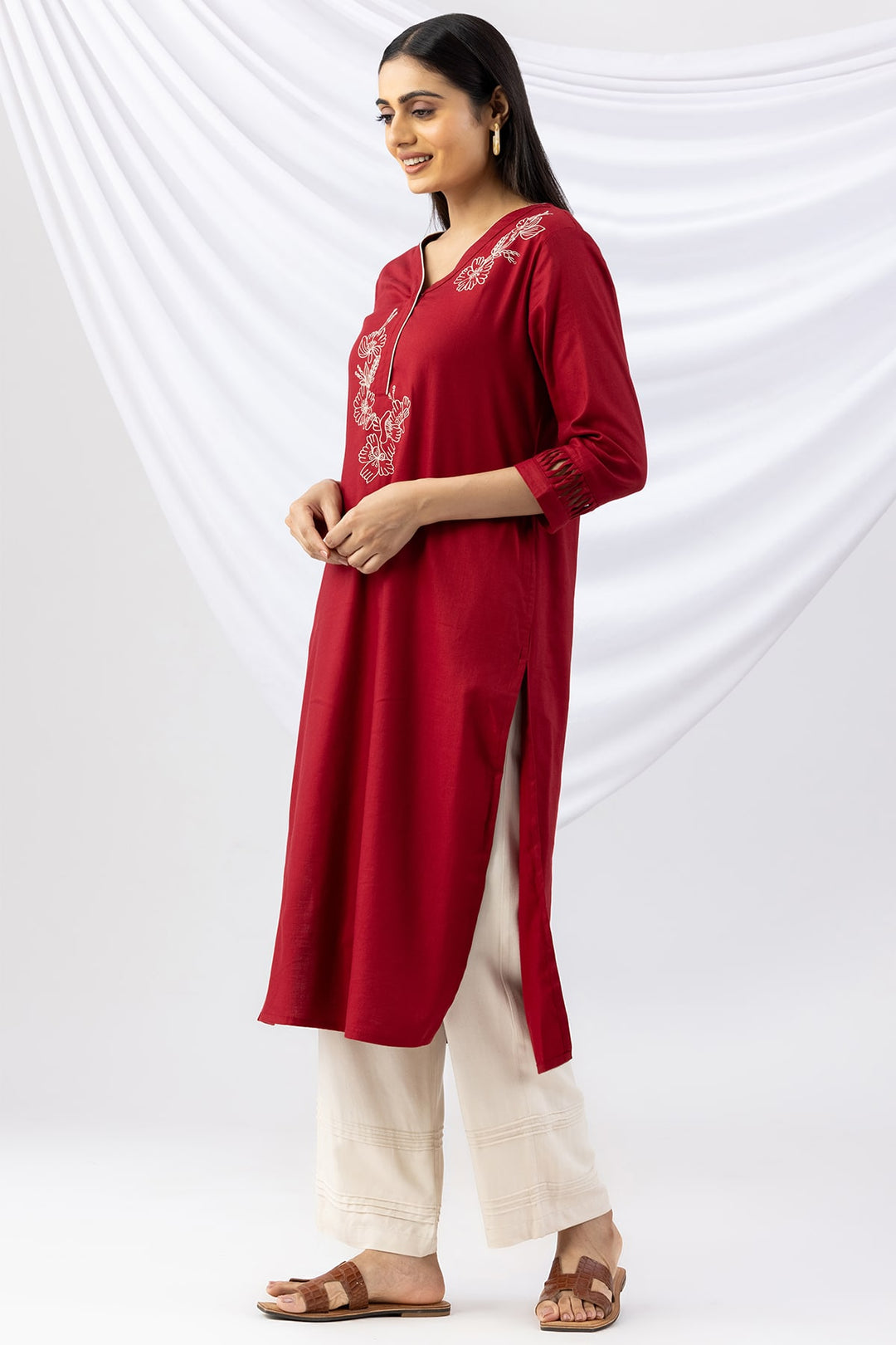 Red Embroidered Viscose Twill Kurti
