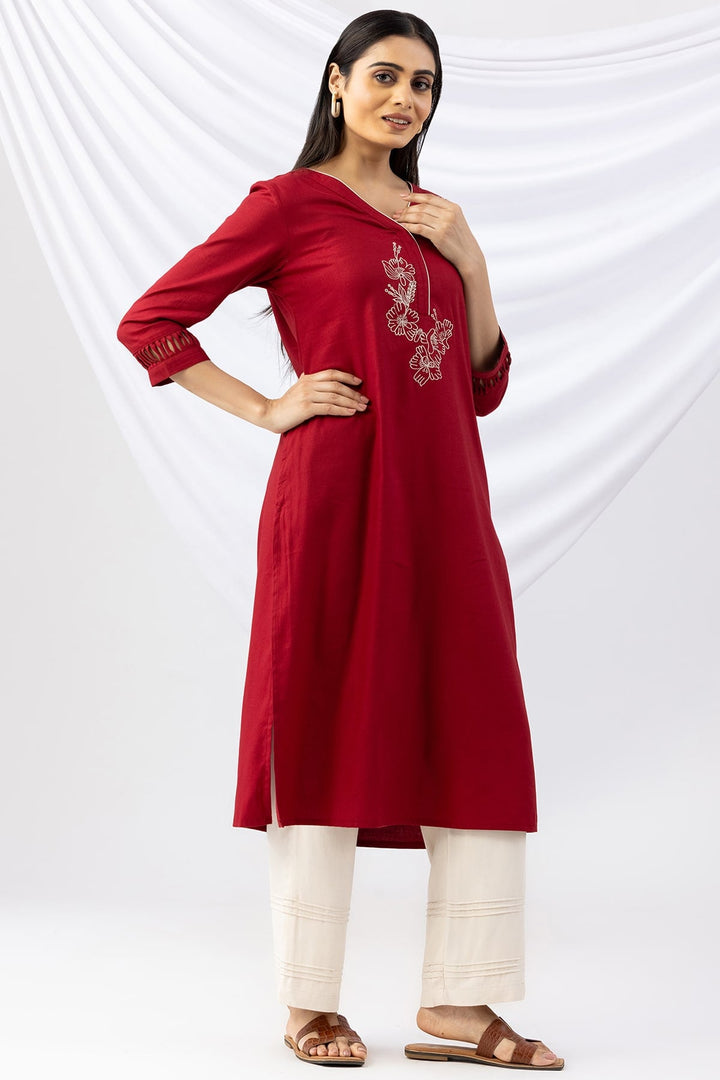 Red Embroidered Viscose Twill Kurti