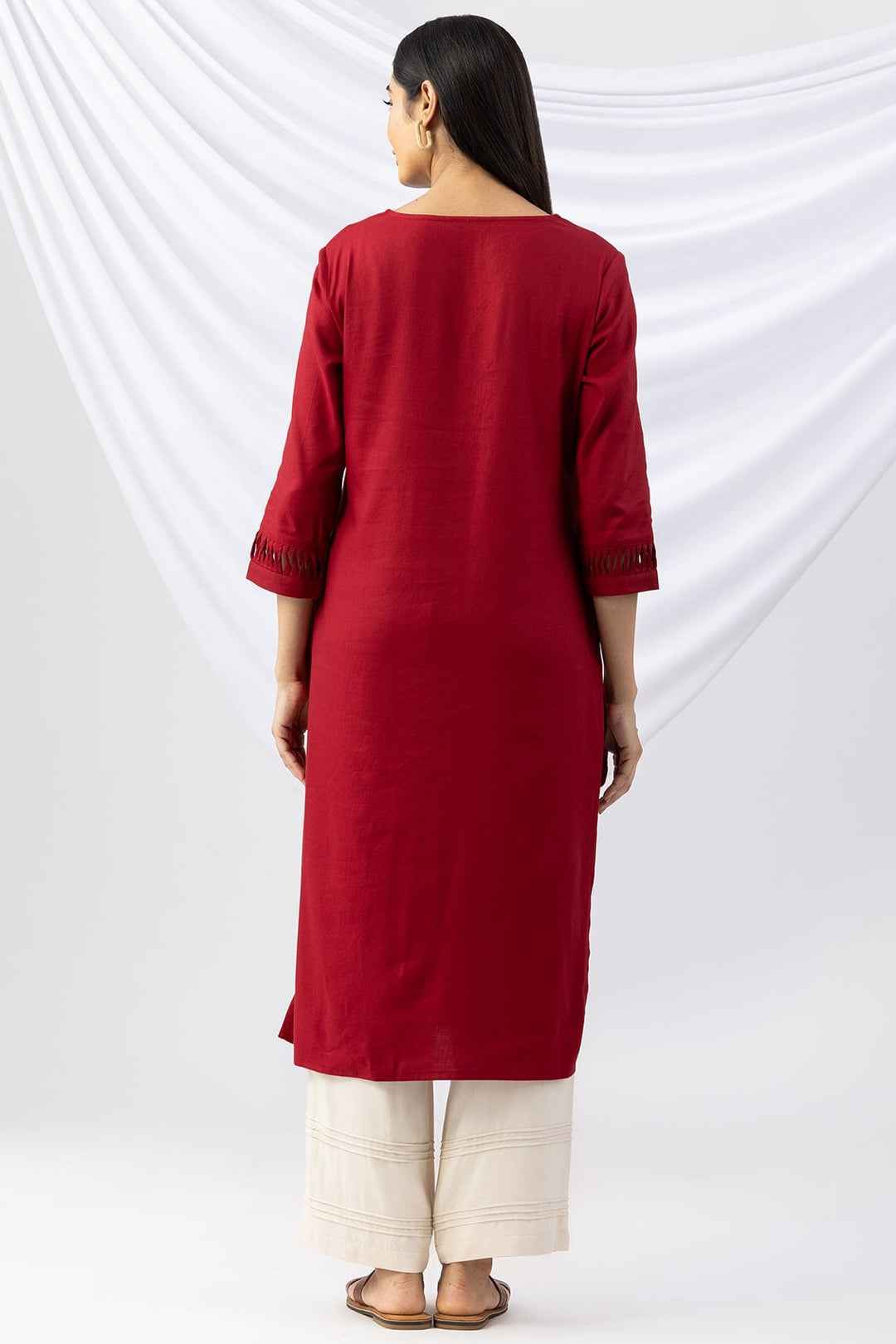 Red Embroidered Viscose Twill Kurti
