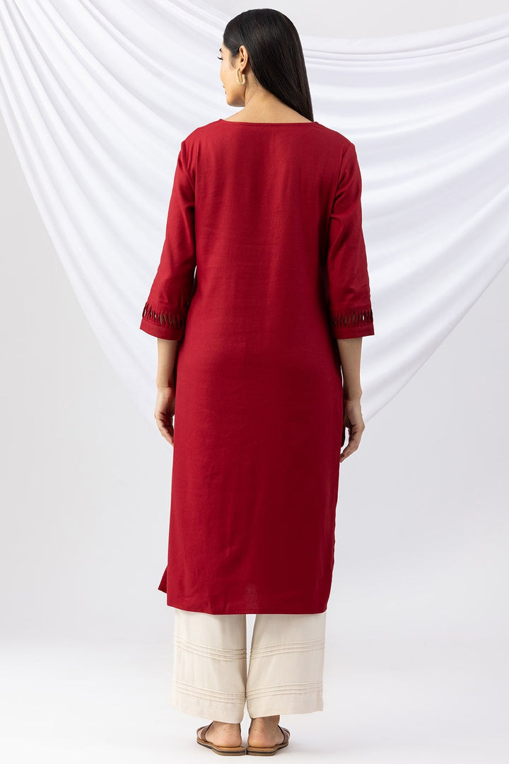 Red Embroidered Viscose Twill Kurti