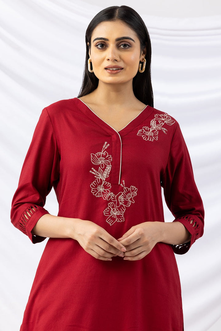 Red Embroidered Viscose Twill Kurti