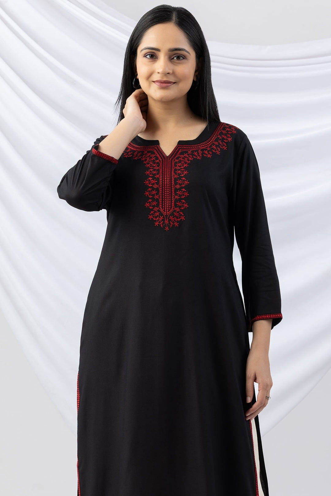 Black Embroidered Viscose Kurti with Round Neck and 3/4th Sleeves