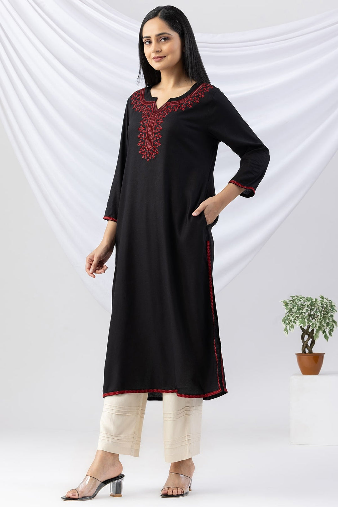 Black Embroidered Viscose Kurti with Round Neck and 3/4th Sleeves