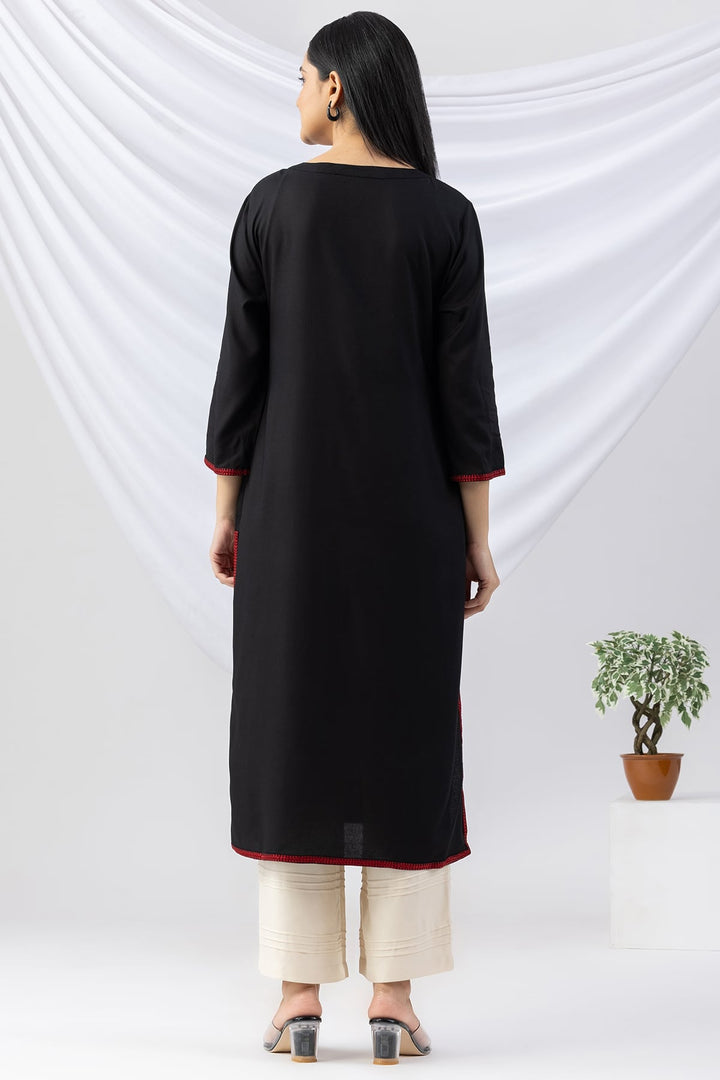 Black Embroidered Viscose Kurti with Round Neck and 3/4th Sleeves