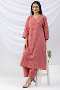 Pink Cotton Kurti with Embroidery | V-Neck & 3/4th Sleeves