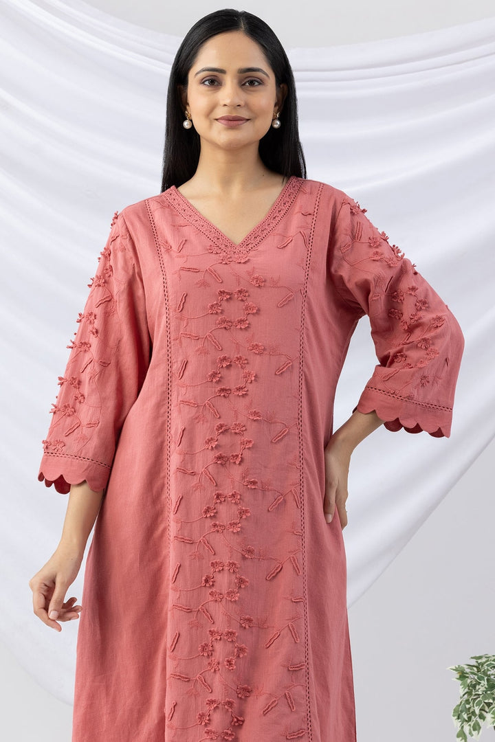 Pink Cotton Kurti with Embroidery | V-Neck &amp; 3/4th Sleeves