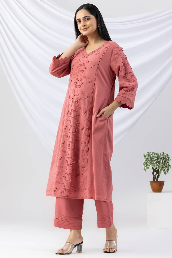 Pink Cotton Kurti with Embroidery | V-Neck &amp; 3/4th Sleeves