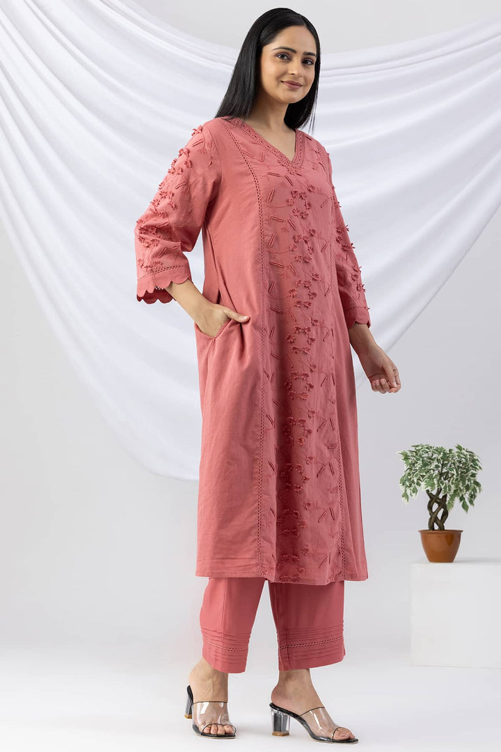 Pink Cotton Kurti with Embroidery | V-Neck &amp; 3/4th Sleeves