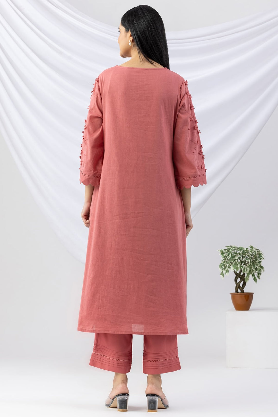 Pink Cotton Kurti with Embroidery | V-Neck &amp; 3/4th Sleeves