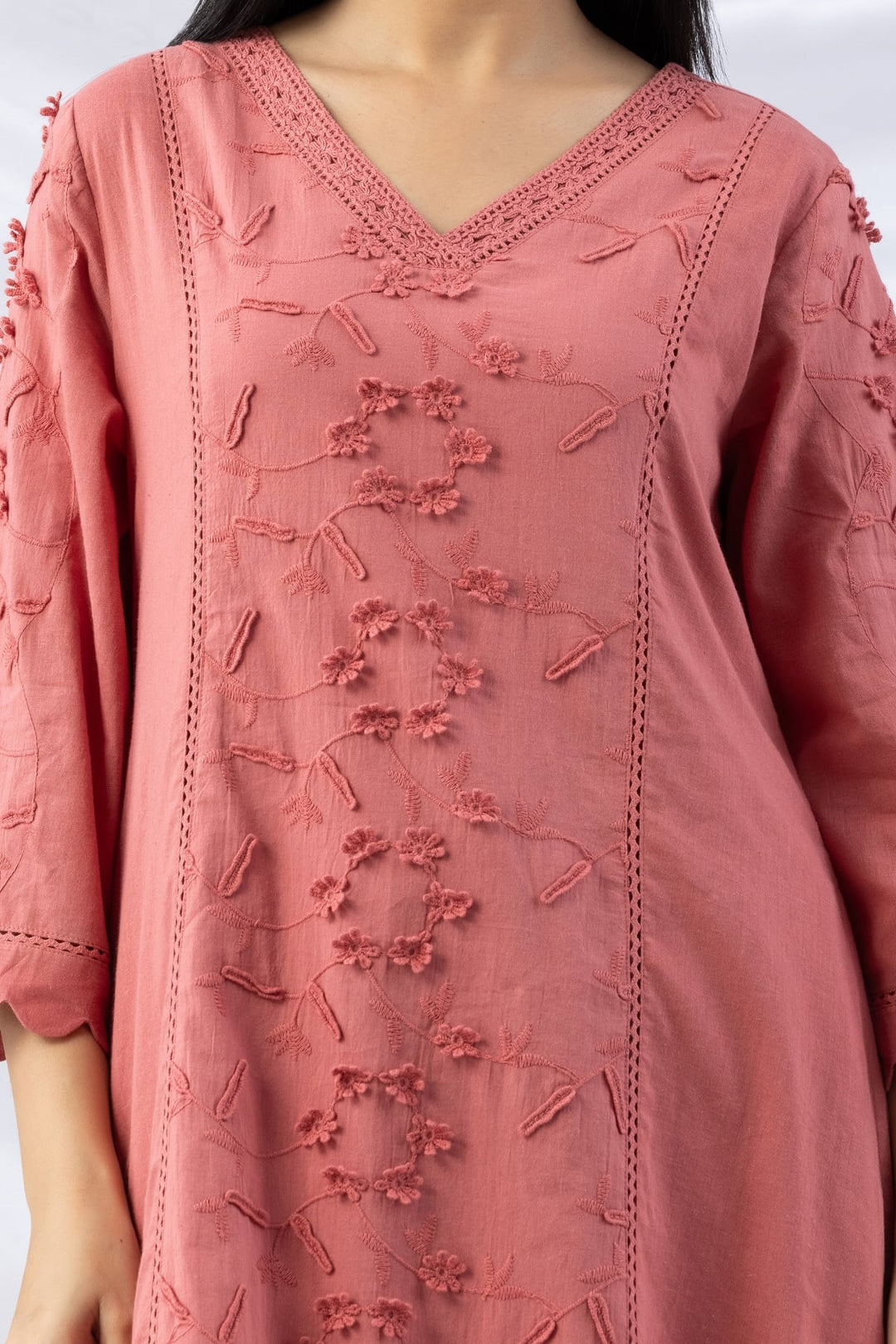 Pink Cotton Kurti with Embroidery | V-Neck &amp; 3/4th Sleeves