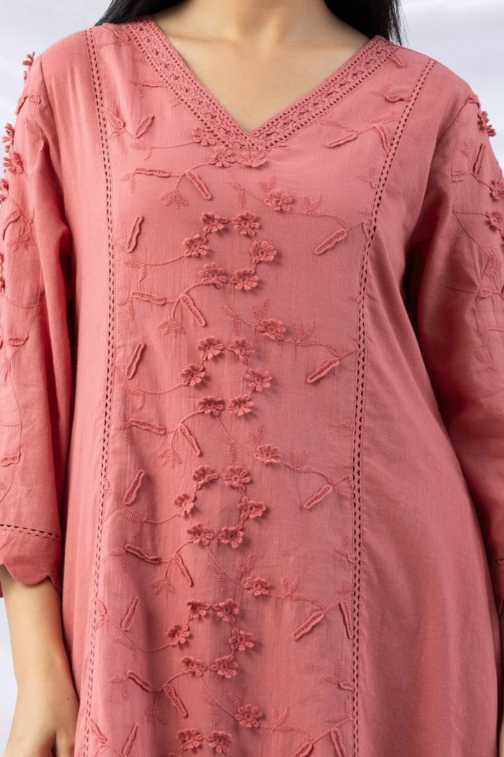 Pink Cotton Kurti with Embroidery | V-Neck &amp; 3/4th Sleeves