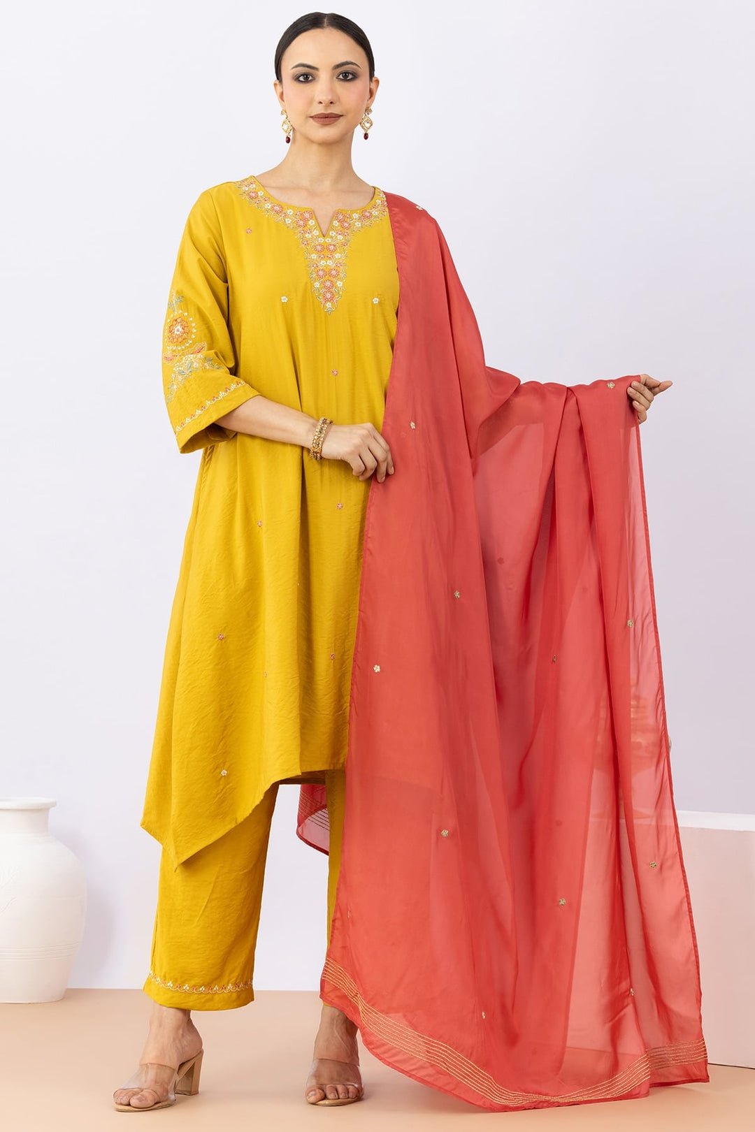 Pink Embellished Organza Viscose Dupatta