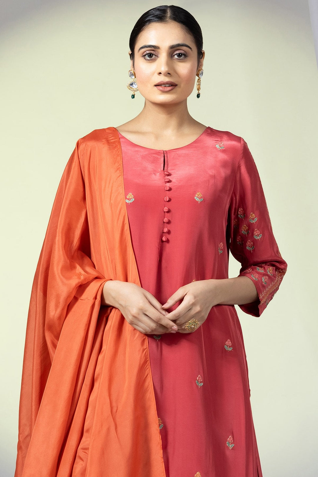 Embellished Red Natural Crepe Ensemble Kurti