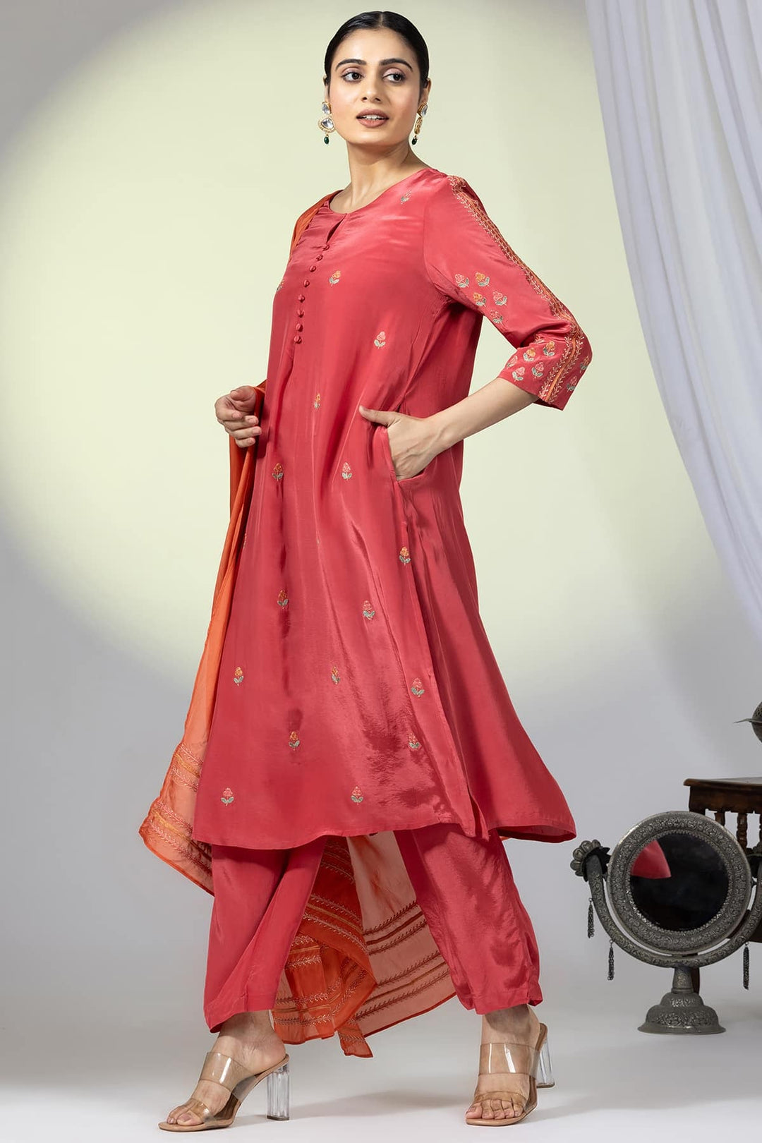 Embellished Red Natural Crepe Ensemble Kurti