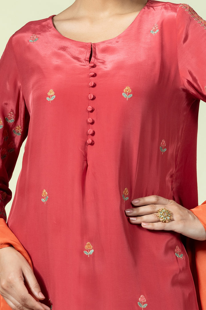 Embellished Red Natural Crepe Ensemble Kurti