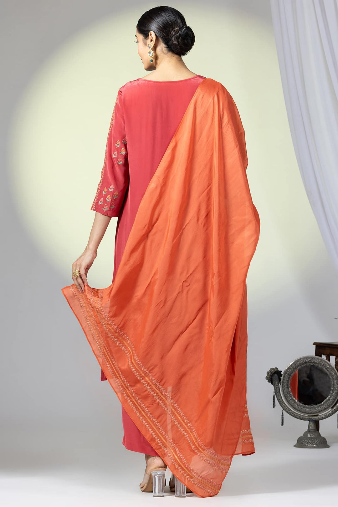 Embellished Red Natural Crepe Ensemble Kurti