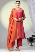 Embellished Red Natural Crepe Ensemble Kurti