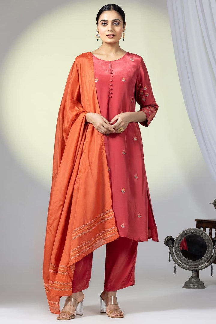 Embellished Red Natural Crepe Ensemble Kurti