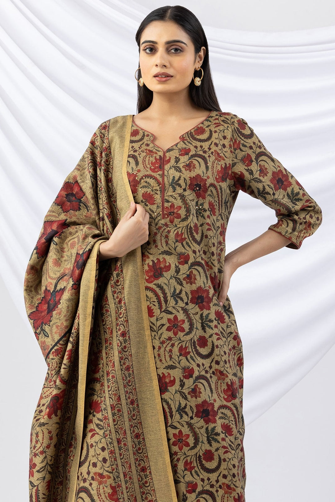 Printed Khaki Pashmina Winter Kurti