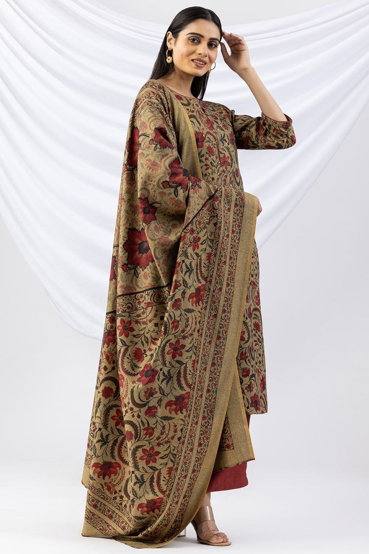 Printed Khaki Pashmina Winter Dupatta
