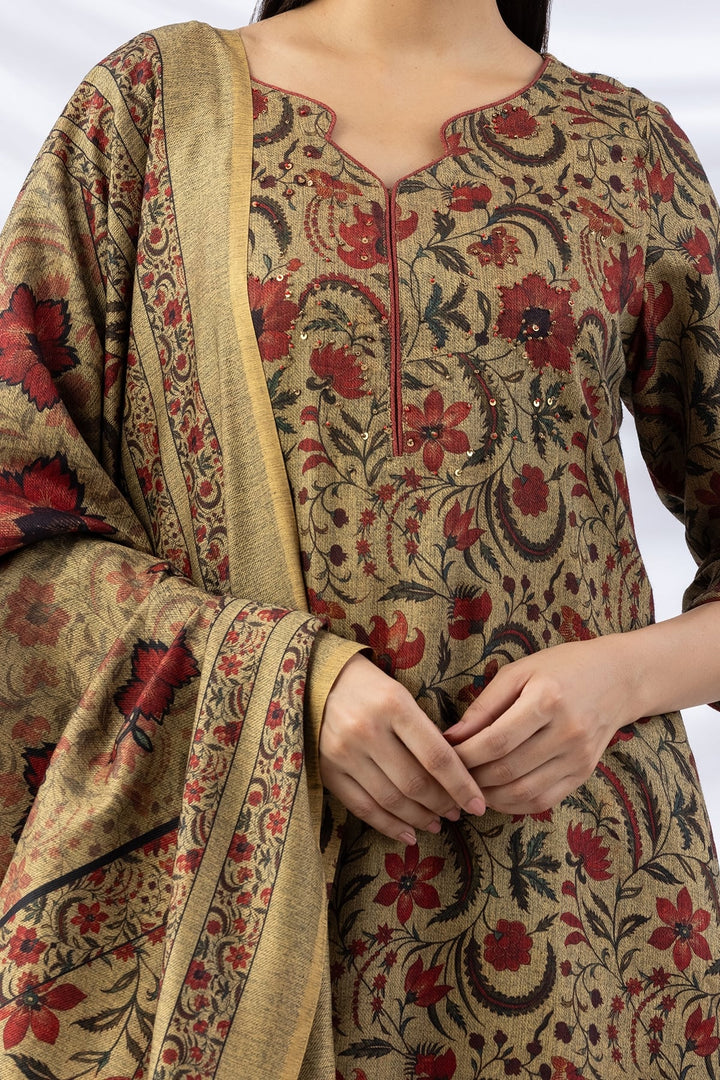 Printed Khaki Pashmina Winter Kurti