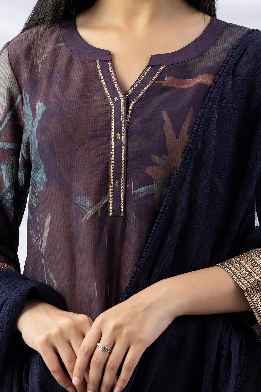 Purple Embroidered Kurti with Round Neck &amp; 3/4th Sleeves
