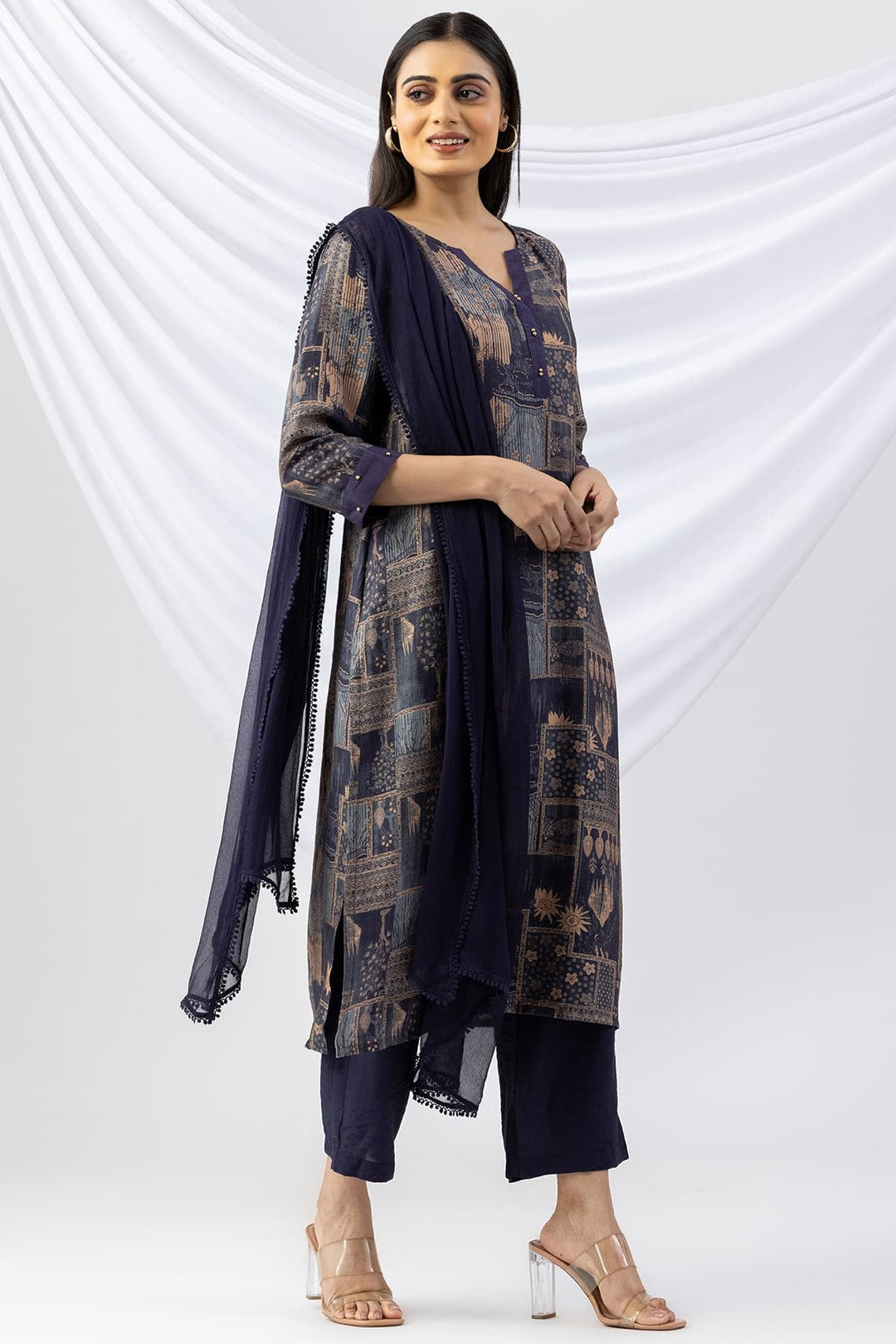 Printed Viscose Crush Kurti with Round Neck &amp; 3/4 Sleeves