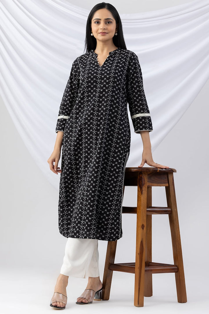 Black Schiffli Embroidered Mandarin Collar Kurti with 3/4 Sleeves