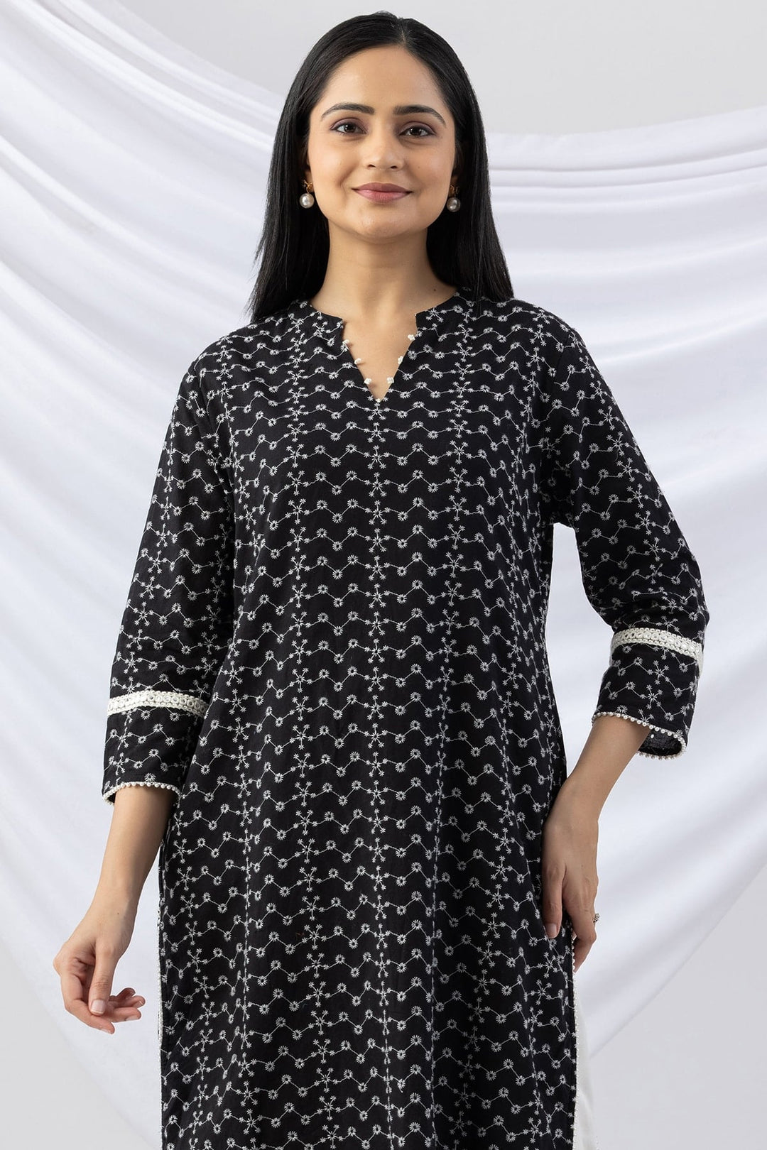 Black Schiffli Embroidered Mandarin Collar Kurti with 3/4 Sleeves