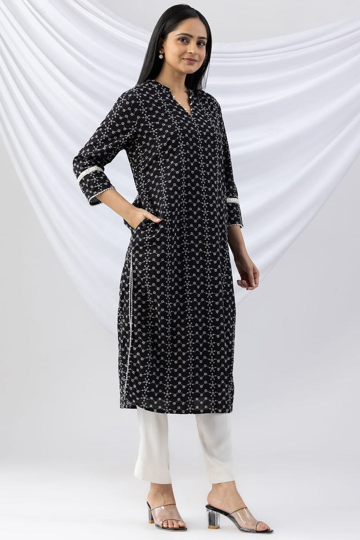 Black Schiffli Embroidered Mandarin Collar Kurti with 3/4 Sleeves