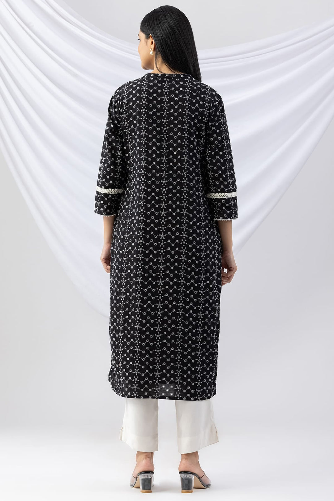 Black Schiffli Embroidered Mandarin Collar Kurti with 3/4 Sleeves