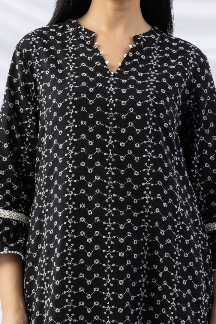 Black Schiffli Embroidered Mandarin Collar Kurti with 3/4 Sleeves