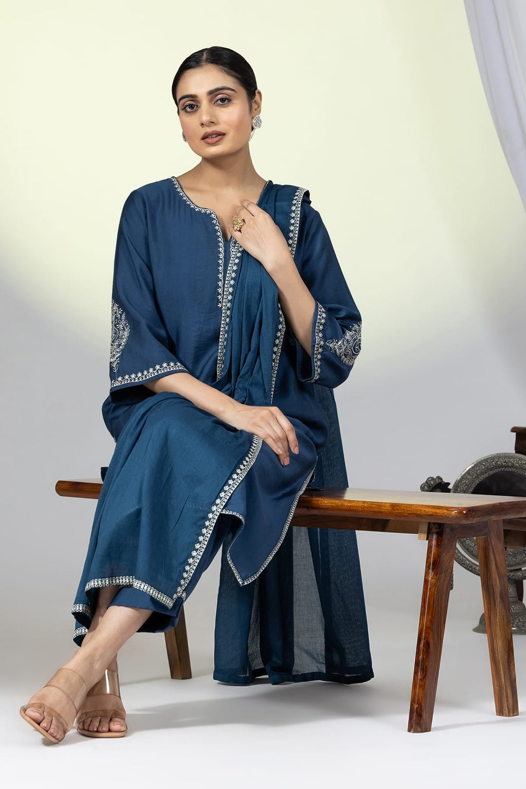 Embellished Teal Viscose Ensemble Kurti