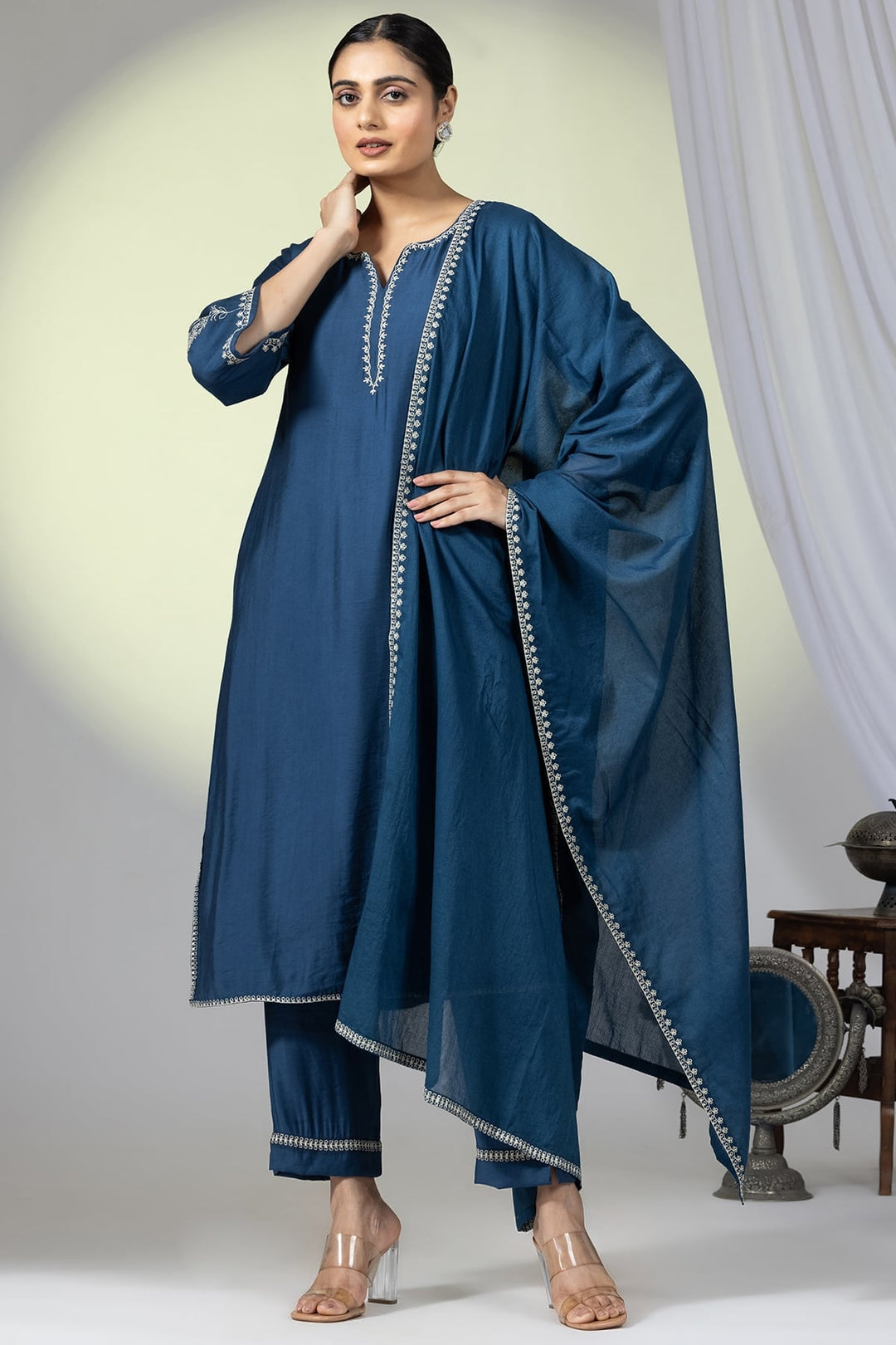 Embellished Teal Muslin Ensemble Dupatta