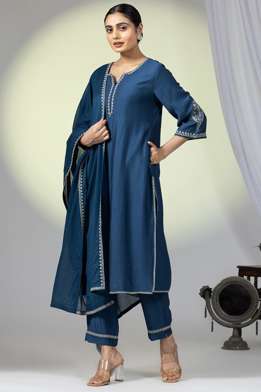 Embellished Teal Viscose Ensemble Kurti