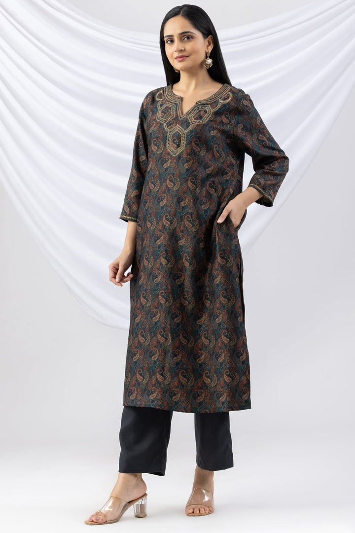 Teal Green Embroidered Pashmina Kurti with Round Neck &amp; 3/4 Sleeves