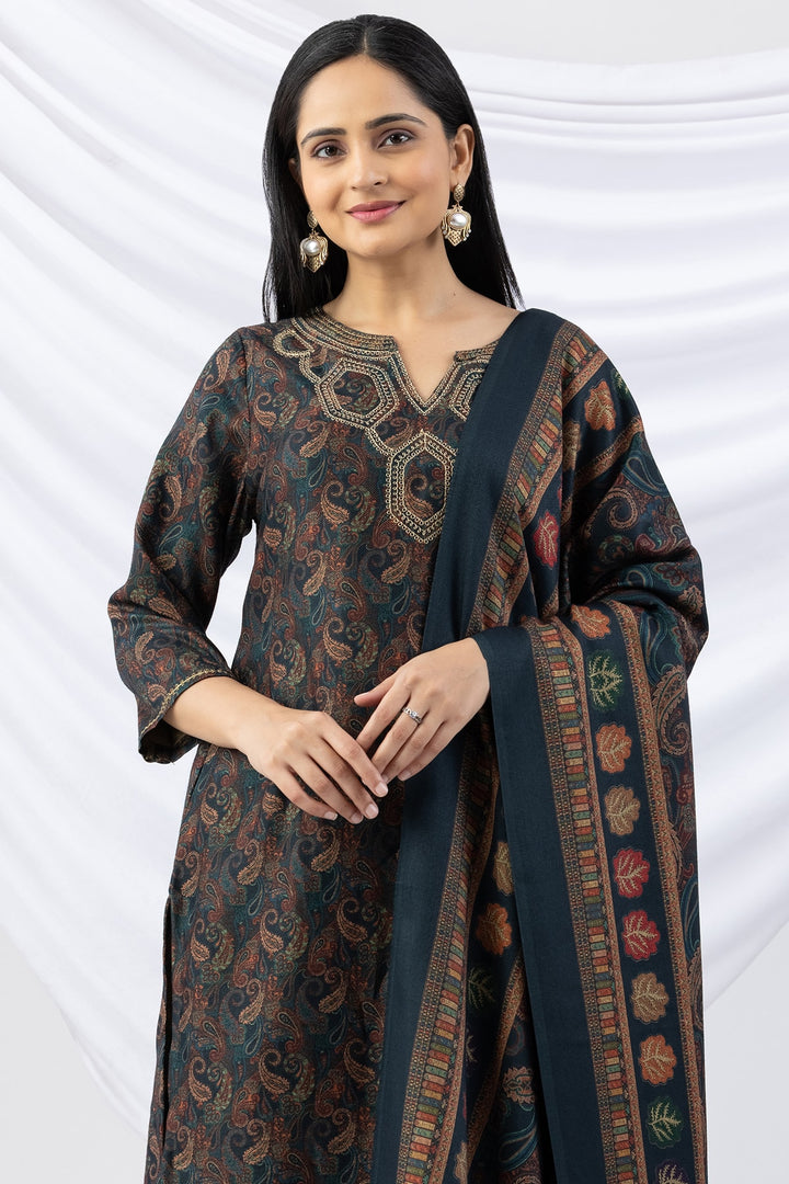 Teal Green Embroidered Pashmina Kurti with Round Neck &amp; 3/4 Sleeves