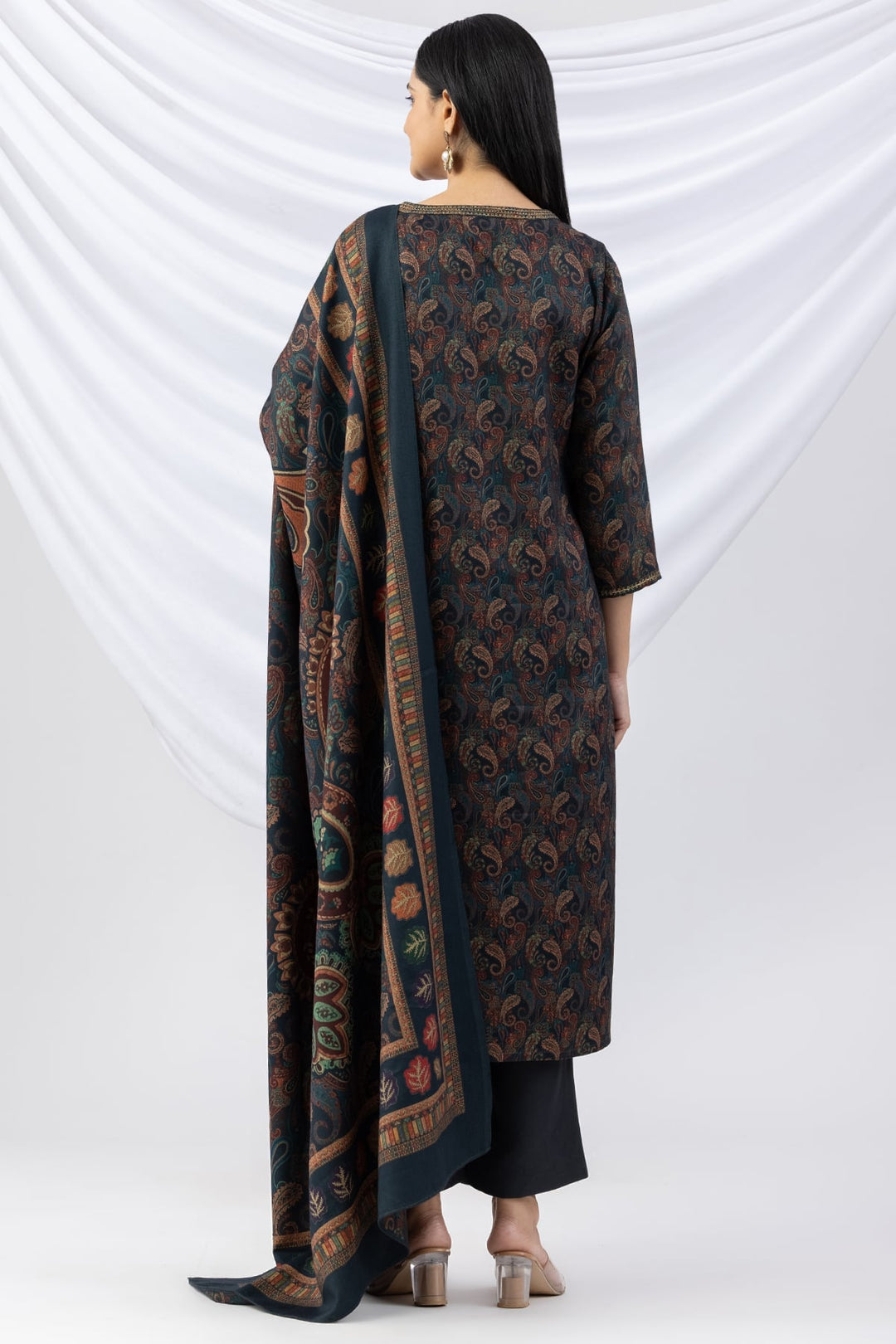 Teal Green Embroidered Pashmina Kurti with Round Neck &amp; 3/4 Sleeves