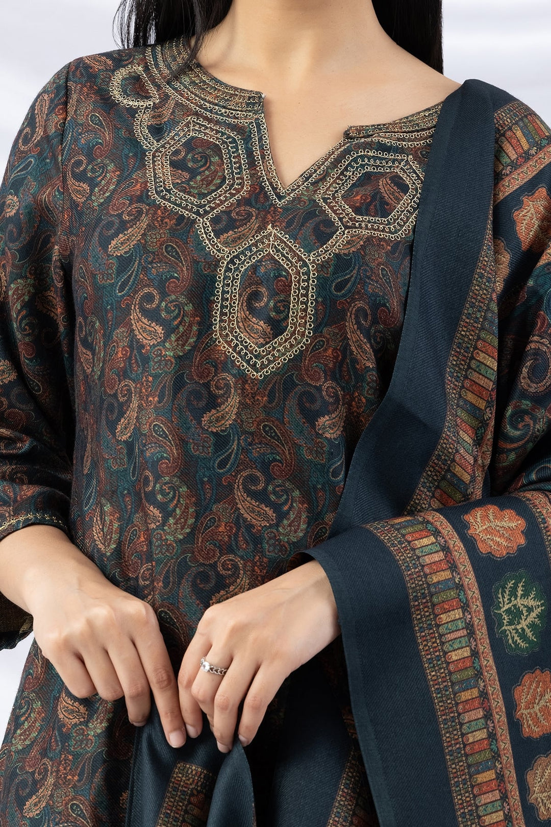 Teal Green Embroidered Pashmina Kurti with Round Neck &amp; 3/4 Sleeves