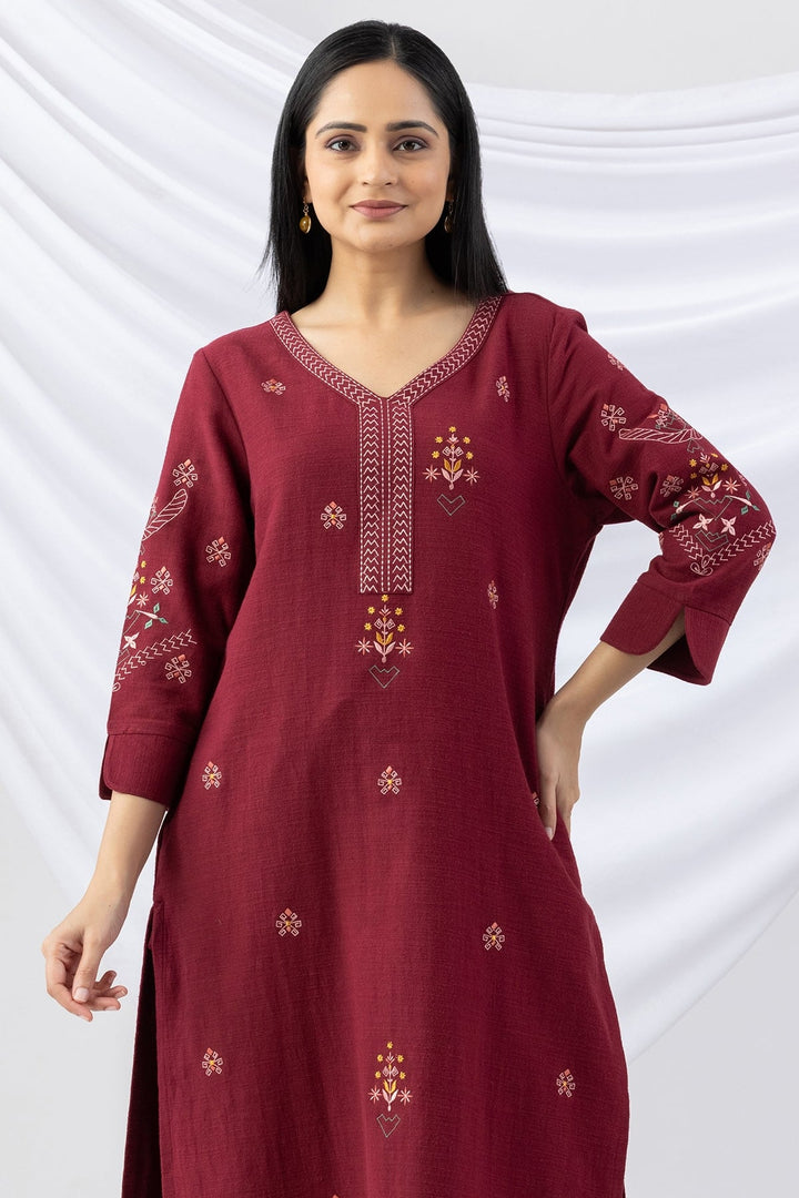 Maroon Embroidered Cotton Viscose Slub Winter Kurti with 3/4 Sleeves