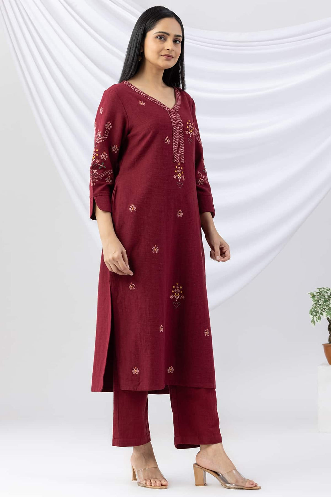 Maroon Embroidered Cotton Viscose Slub Winter Kurti with 3/4 Sleeves